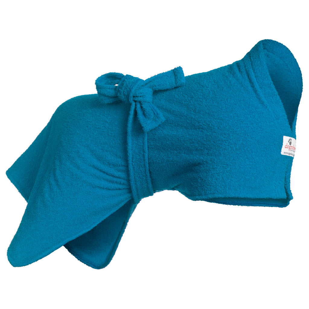 Dogrobe dog coats are perfect for drying, warming and comforting your dog after outdoor adventures. Available in teal.