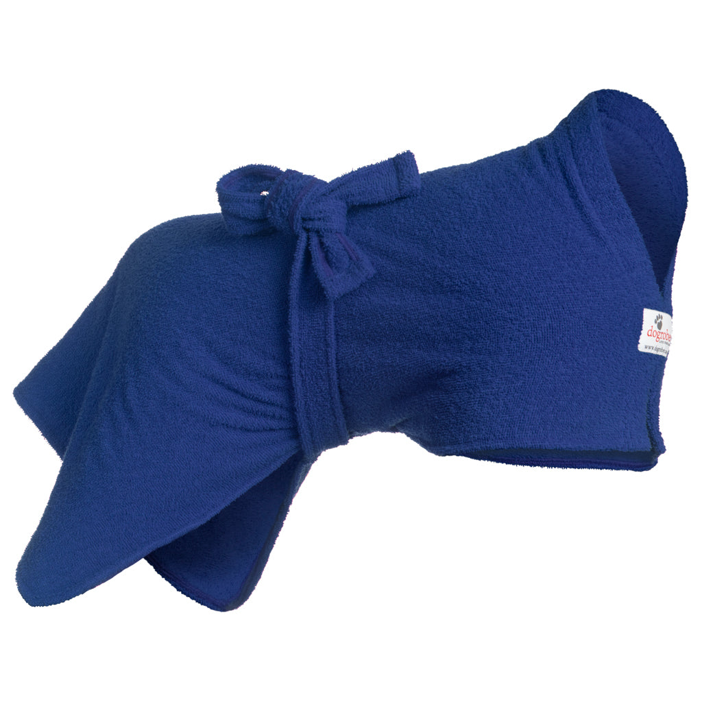 Dogrobe dog coats are perfect for drying, warming and comforting your dog after outdoor adventures. Available in navy.