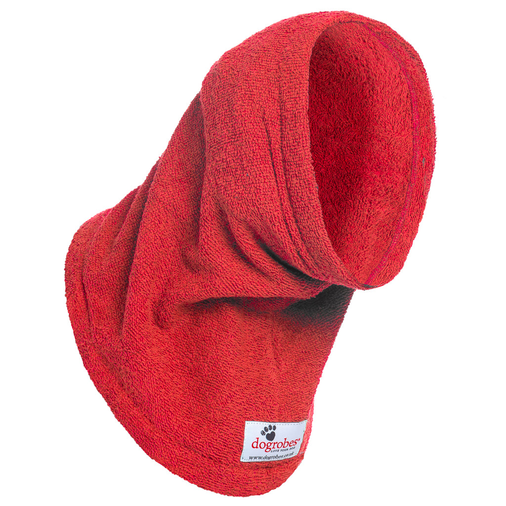 Dogrobe snoods are trusted and loved by dogs’ owners and their pets as they are ideal for drying your dog&#39;s head, neck and ears. Dog snood in red.