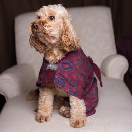 Exclusive collection DogRobe drying coat, with harness access opening in Paisley pattern.